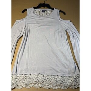 Kaari Blue Cold Shoulder Lace Trim Top Tee Y2K Light Blue Long Sleeve M